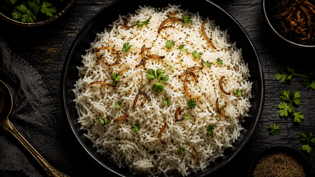Aromatic Jeera Ghee Rice with Caramelized Onions